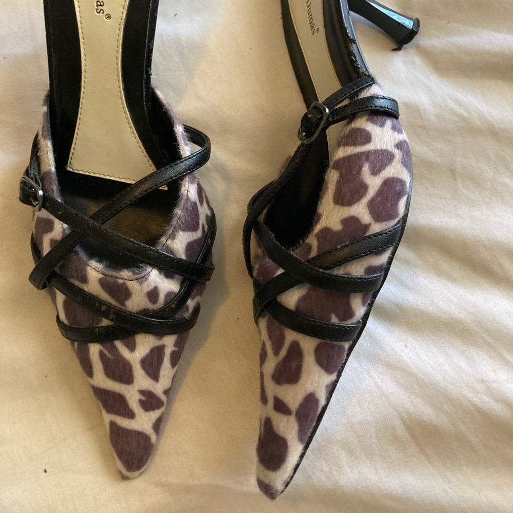 Brown white animal print 8 1/2 mule heels ankle buckle
